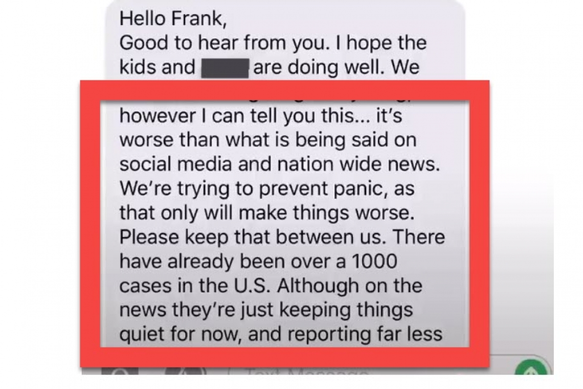 ALLEGED C.D.C. TEXT MESSAGES SAY “over 1,000” INFECTED WITH CORONAVIRUS IN U.S.A. — BEING DELIBERATELY CONCEALED